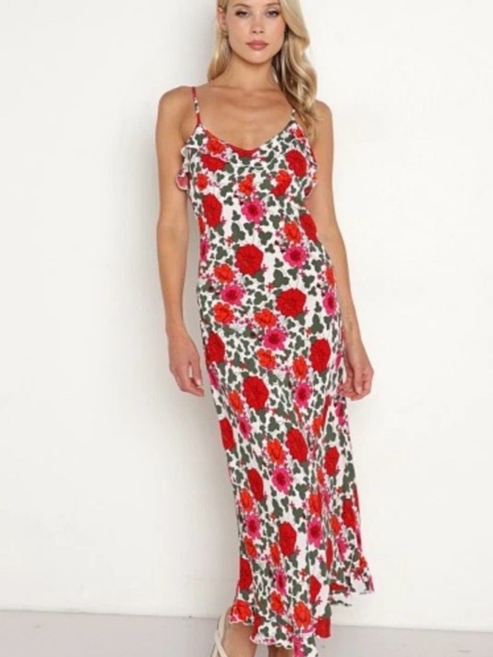 ROLLA'S Shelley Rambling Midi Dress with Red & Pink Floral Print size XS